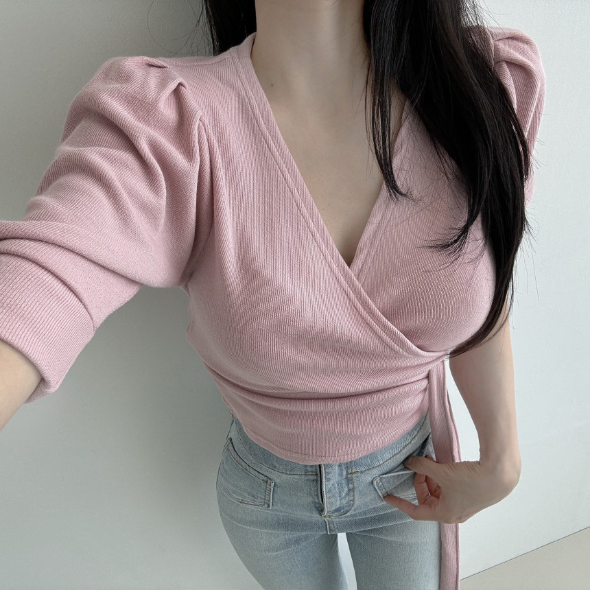 [당일발송💖🚀] 랩가디건 퍼프소매 반팔가디건 3color  하객룩 데이트룩 랩스타일 상세 이미지 21