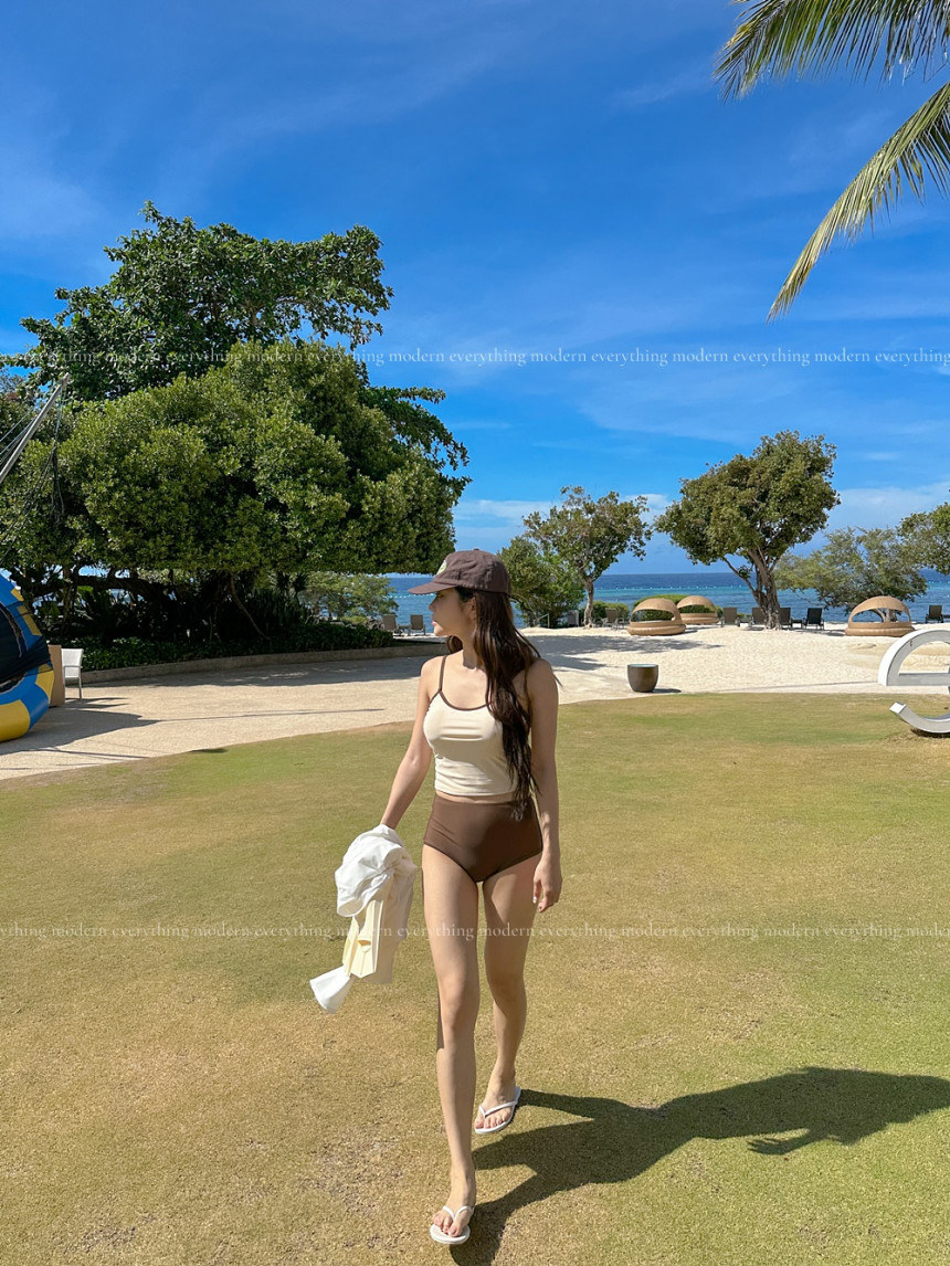 🌴뱃살쏙/M-3XL 하이웨스트 배색 커버업 비키니 유교걸 휴양지 투피스 빅사이즈 수영복 상세 이미지 9