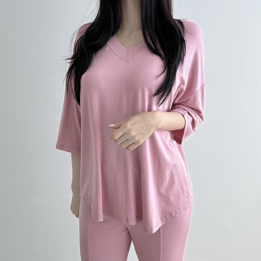 [당일발송🦄💙]찰랑찰랑 부츠컷 투피스 4color 셋업 밴딩팬츠 꾸안꾸 마실룩 홈웨어 레이온 브이넥 반팔 여름 썸머 상세 이미지 27