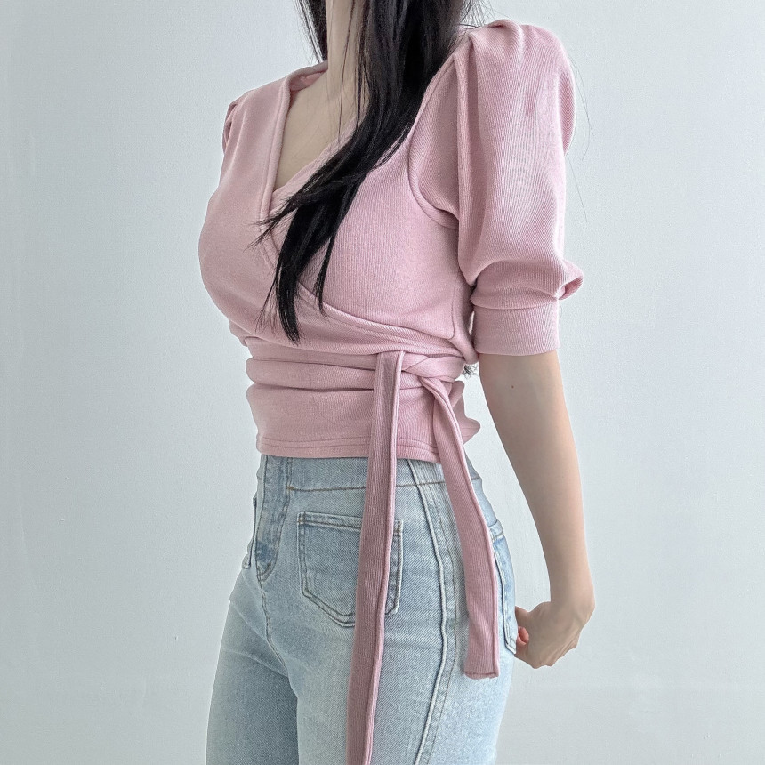 [당일발송💖🚀] 랩가디건 퍼프소매 반팔가디건 3color  하객룩 데이트룩 랩스타일 상세 이미지 23