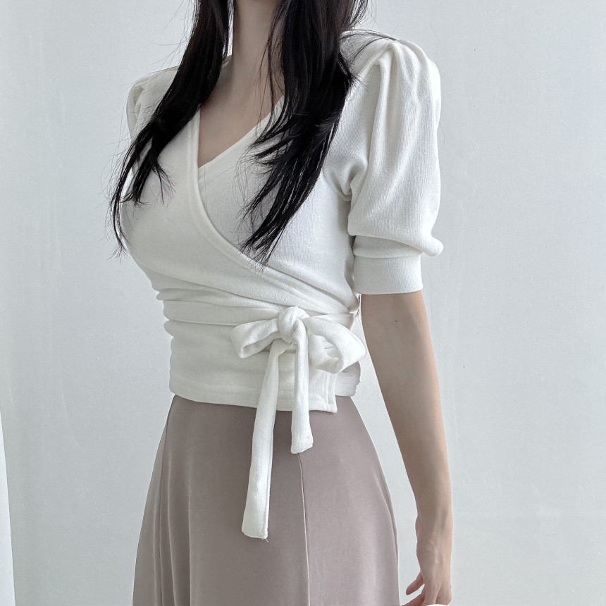 [당일발송💖🚀] 랩가디건 퍼프소매 반팔가디건 3color  하객룩 데이트룩 랩스타일 상세 이미지 19