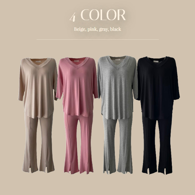 [당일발송🦄💙]찰랑찰랑 부츠컷 투피스 4color 셋업 밴딩팬츠 꾸안꾸 마실룩 홈웨어 레이온 브이넥 반팔 여름 썸머 상세 이미지 5