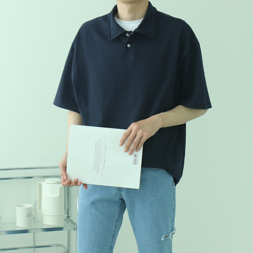 남자 반팔티 오버핏 헨리넥 커플 반팔 카라 티셔츠 - 상세 이미지 5