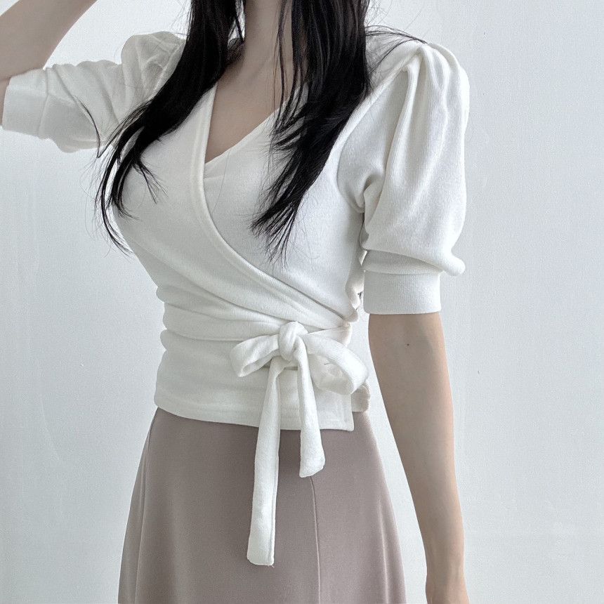 [당일발송💖🚀] 랩가디건 퍼프소매 반팔가디건 3color  하객룩 데이트룩 랩스타일 상세 이미지 15