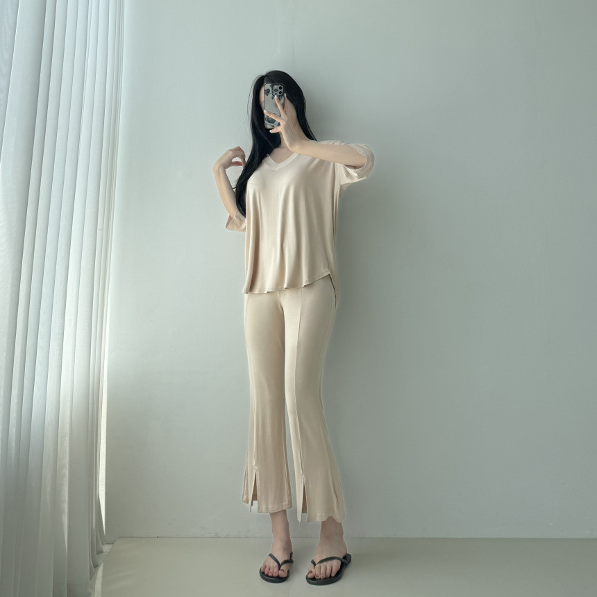 [당일발송🦄💙]찰랑찰랑 부츠컷 투피스 4color 셋업 밴딩팬츠 꾸안꾸 마실룩 홈웨어 레이온 브이넥 반팔 여름 썸머 상세 이미지 15