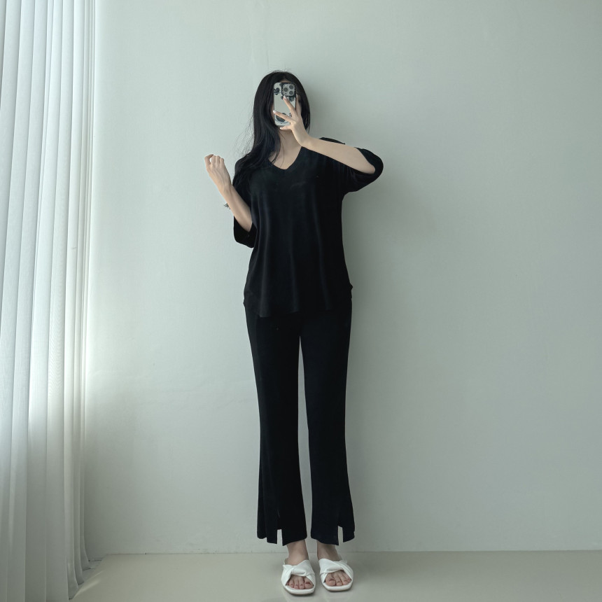 [당일발송🦄💙]찰랑찰랑 부츠컷 투피스 4color 셋업 밴딩팬츠 꾸안꾸 마실룩 홈웨어 레이온 브이넥 반팔 여름 썸머 상세 이미지 39