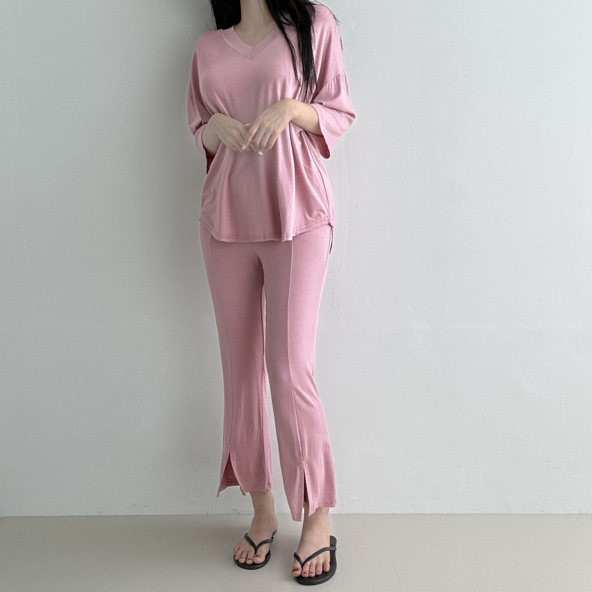 [당일발송🦄💙]찰랑찰랑 부츠컷 투피스 4color 셋업 밴딩팬츠 꾸안꾸 마실룩 홈웨어 레이온 브이넥 반팔 여름 썸머 상세 이미지 24