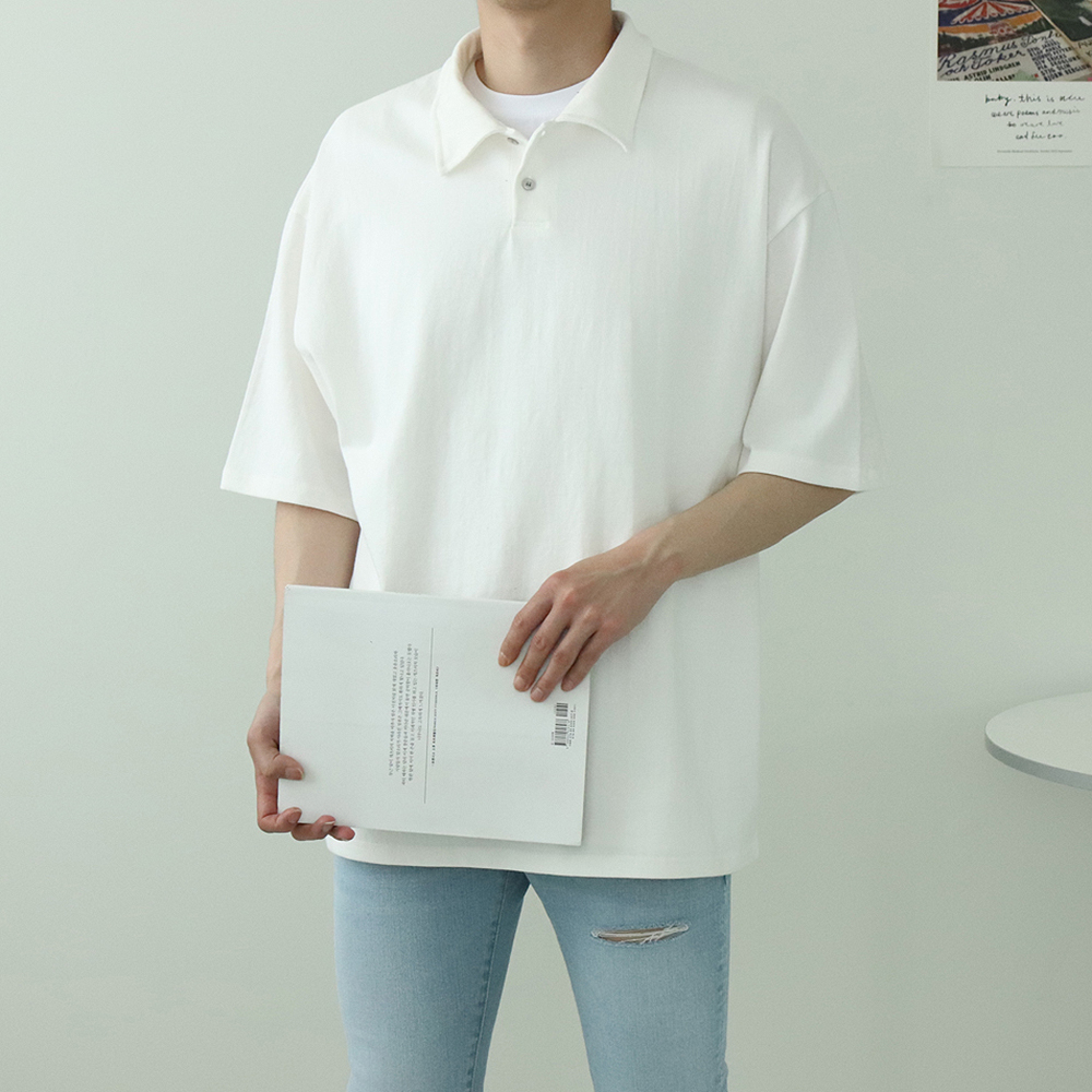 남자 반팔티 오버핏 헨리넥 커플 반팔 카라 티셔츠 - 상세 이미지 3