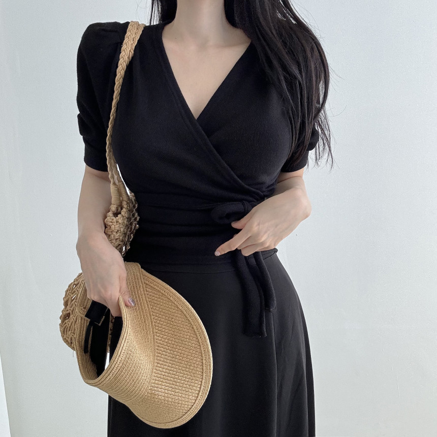 [당일발송💖🚀] 랩가디건 퍼프소매 반팔가디건 3color  하객룩 데이트룩 랩스타일 상세 이미지 30