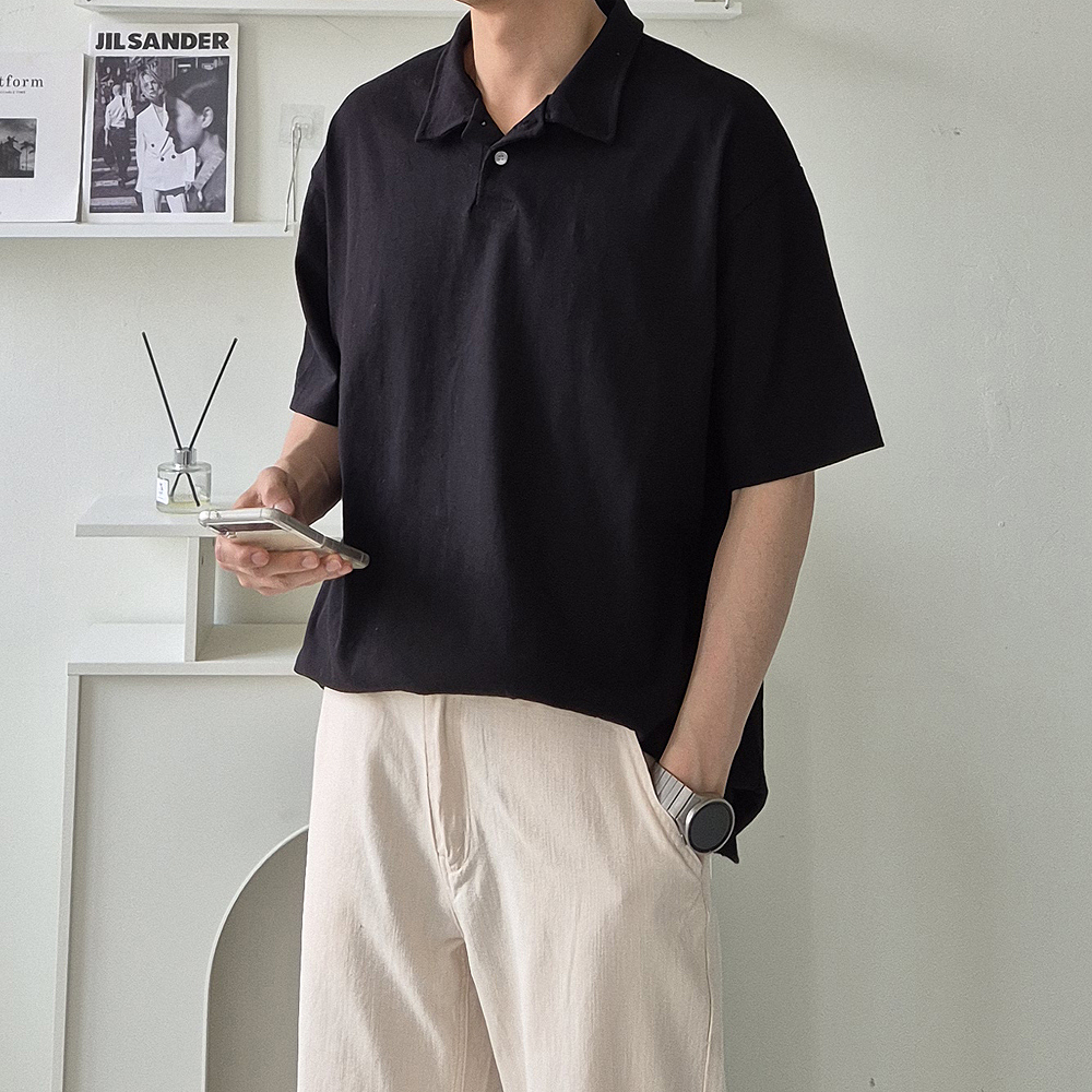 남자 반팔티 오버핏 헨리넥 커플 반팔 카라 티셔츠 - 상품 이미지