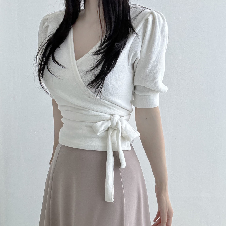 [당일발송💖🚀] 랩가디건 퍼프소매 반팔가디건 3color  하객룩 데이트룩 랩스타일 상세 이미지 14