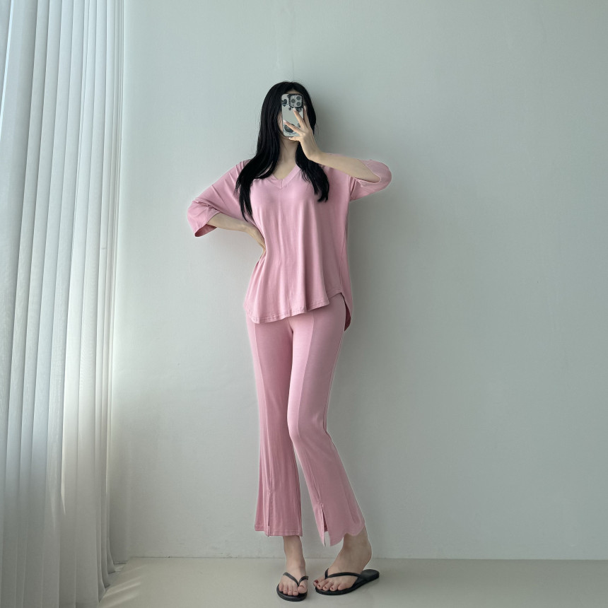 [당일발송🦄💙]찰랑찰랑 부츠컷 투피스 4color 셋업 밴딩팬츠 꾸안꾸 마실룩 홈웨어 레이온 브이넥 반팔 여름 썸머 상세 이미지 30
