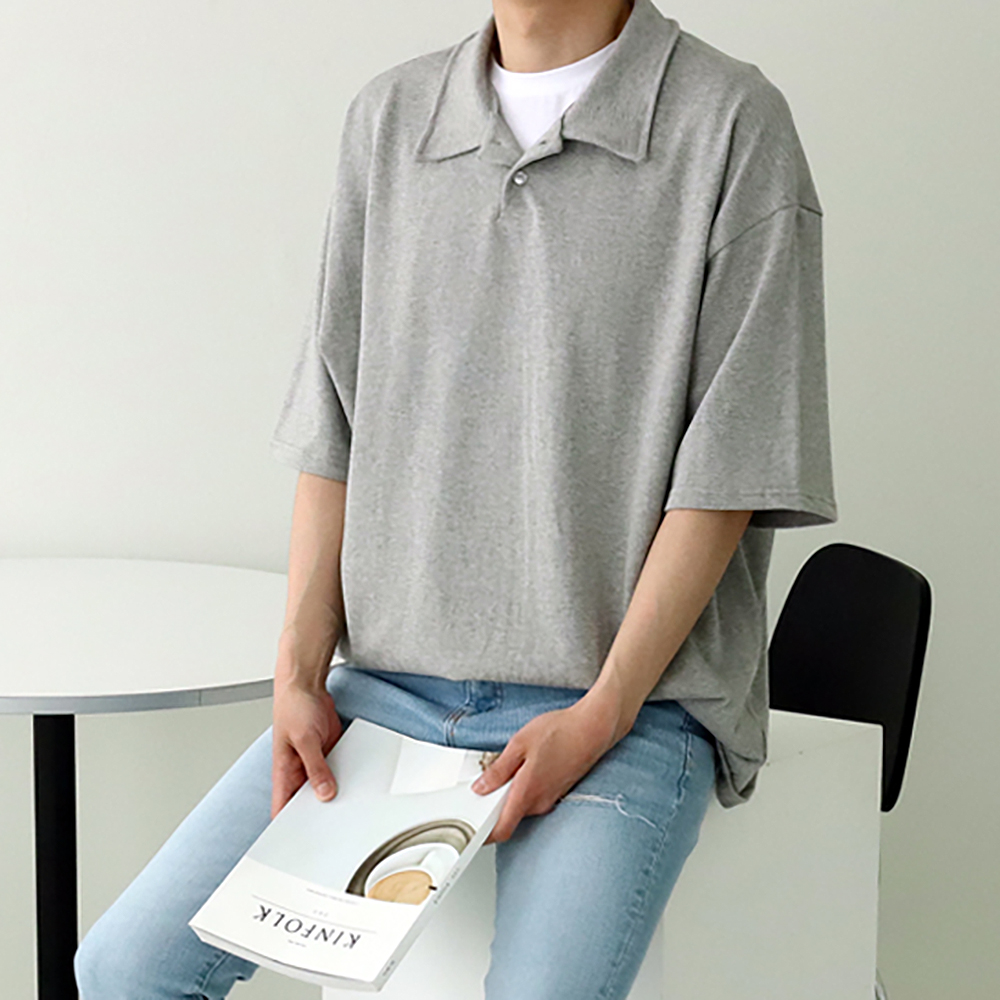 남자 반팔티 오버핏 헨리넥 커플 반팔 카라 티셔츠 - 상세 이미지 2