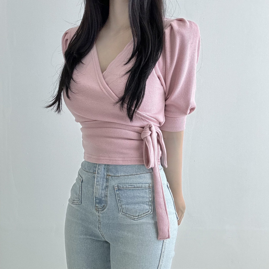 [당일발송💖🚀] 랩가디건 퍼프소매 반팔가디건 3color  하객룩 데이트룩 랩스타일 상세 이미지 22