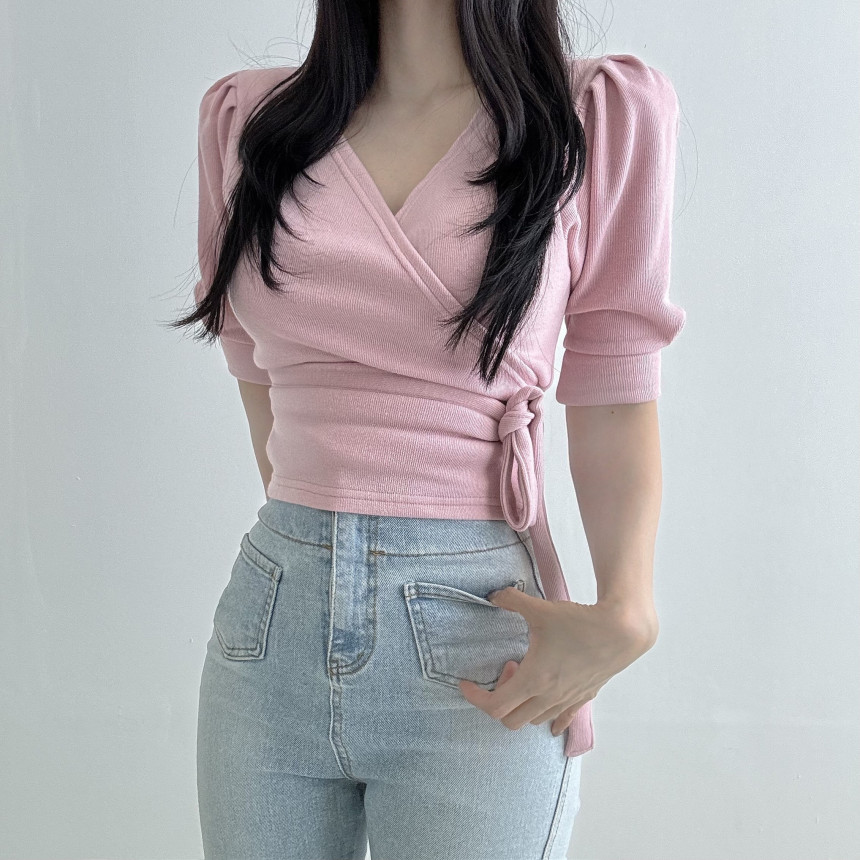 [당일발송💖🚀] 랩가디건 퍼프소매 반팔가디건 3color  하객룩 데이트룩 랩스타일 상세 이미지 26