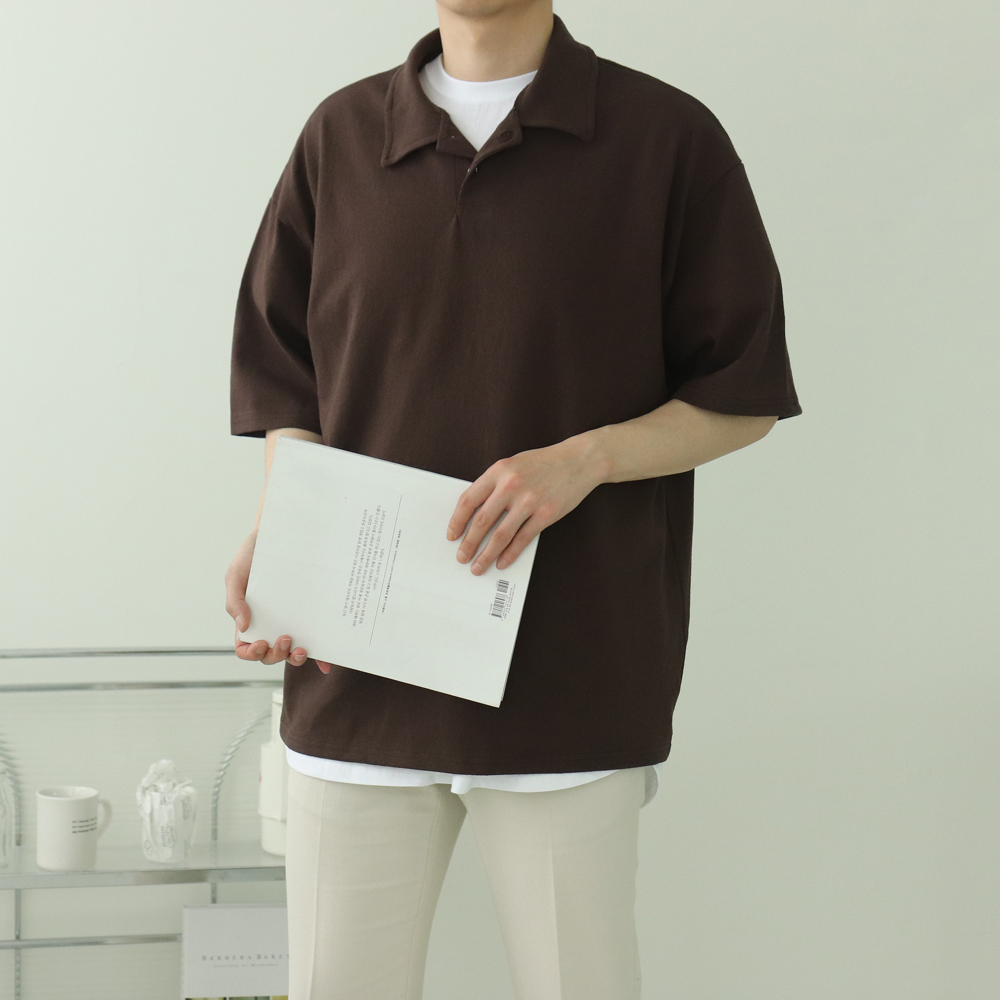 남자 반팔티 오버핏 헨리넥 커플 반팔 카라 티셔츠 - 상세 이미지 4