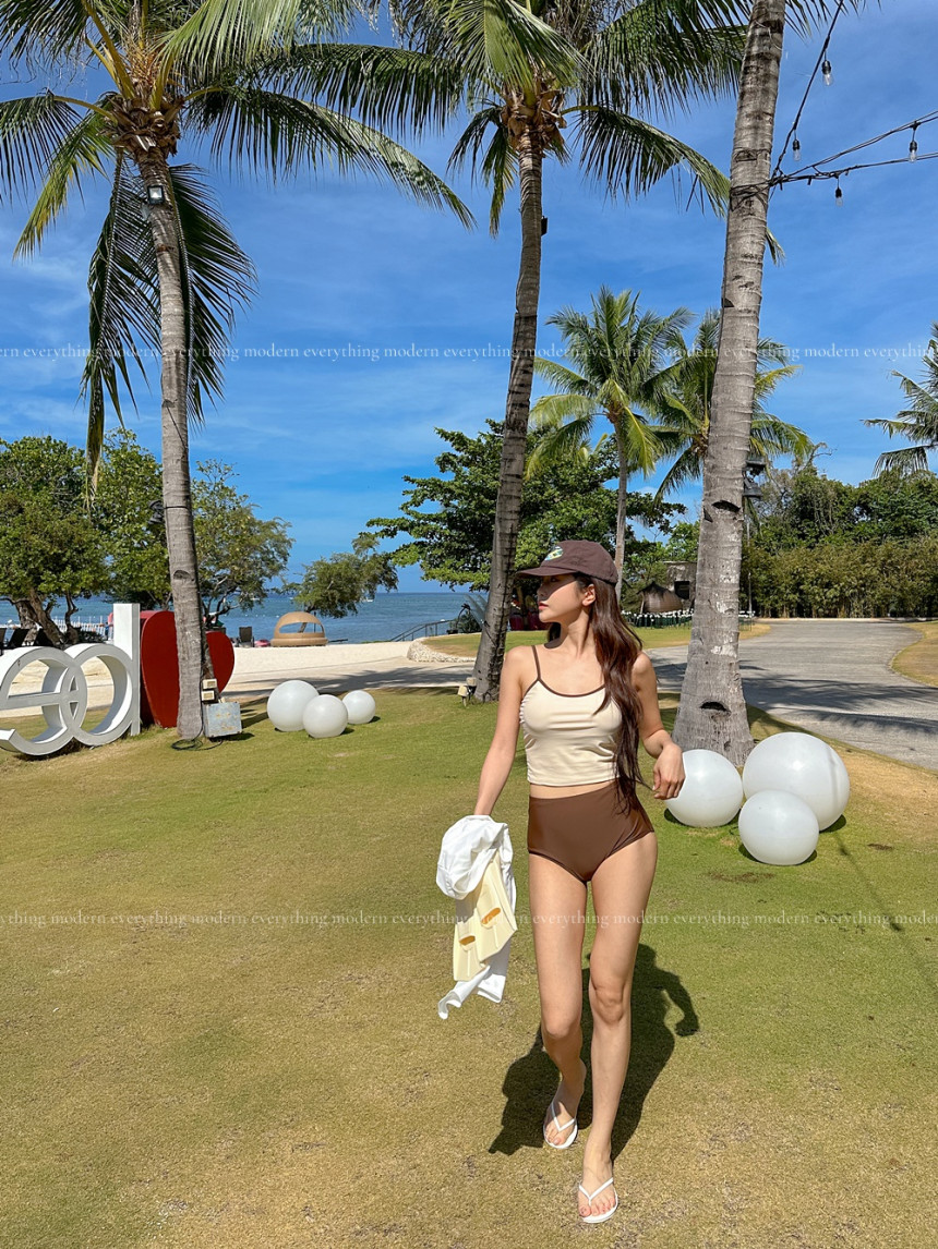 🌴뱃살쏙/M-3XL 하이웨스트 배색 커버업 비키니 유교걸 휴양지 투피스 빅사이즈 수영복 상세 이미지 12