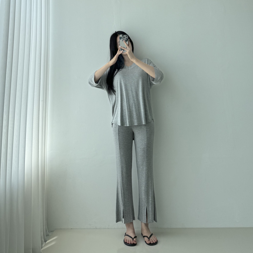 [당일발송🦄💙]찰랑찰랑 부츠컷 투피스 4color 셋업 밴딩팬츠 꾸안꾸 마실룩 홈웨어 레이온 브이넥 반팔 여름 썸머 상세 이미지 36