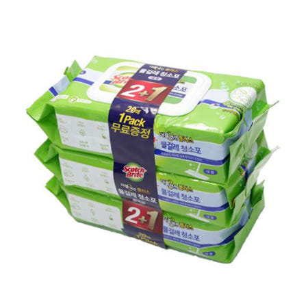 3M 물걸레 청소포 먼지포 청소용 물티슈 대형 20매 3팩 세트 스카치 브라이트 먼지제거 티슈 청소 일회용 손걸레 청소기 걸레 막대 밀대 교체용 호환용 리필