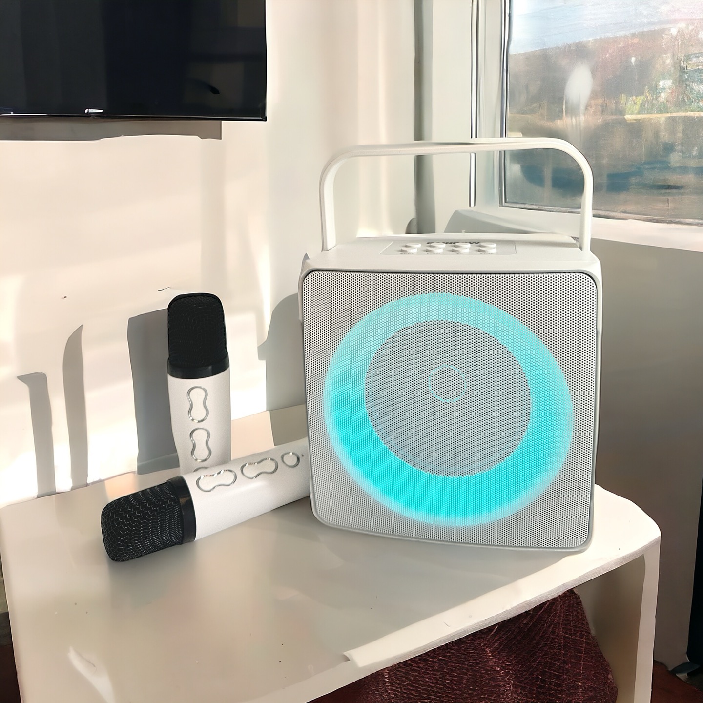 블루투스 노래방 마이크 무선 듀얼마이크 명품 스피커 LED 미러볼 차박 캠핑