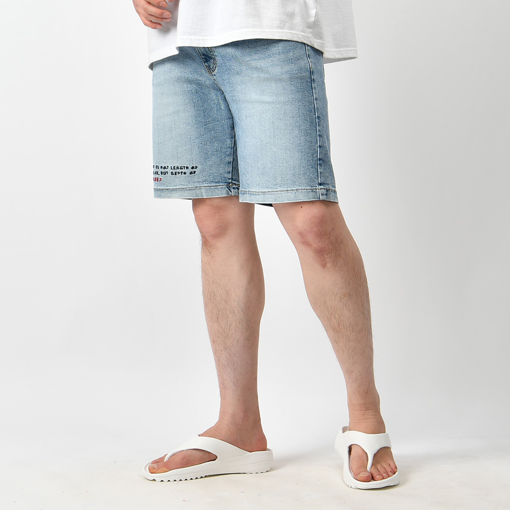 남자 청반바지 여름 국내생산 레터링 자수 스판 5부 바지 - 상세 이미지 2