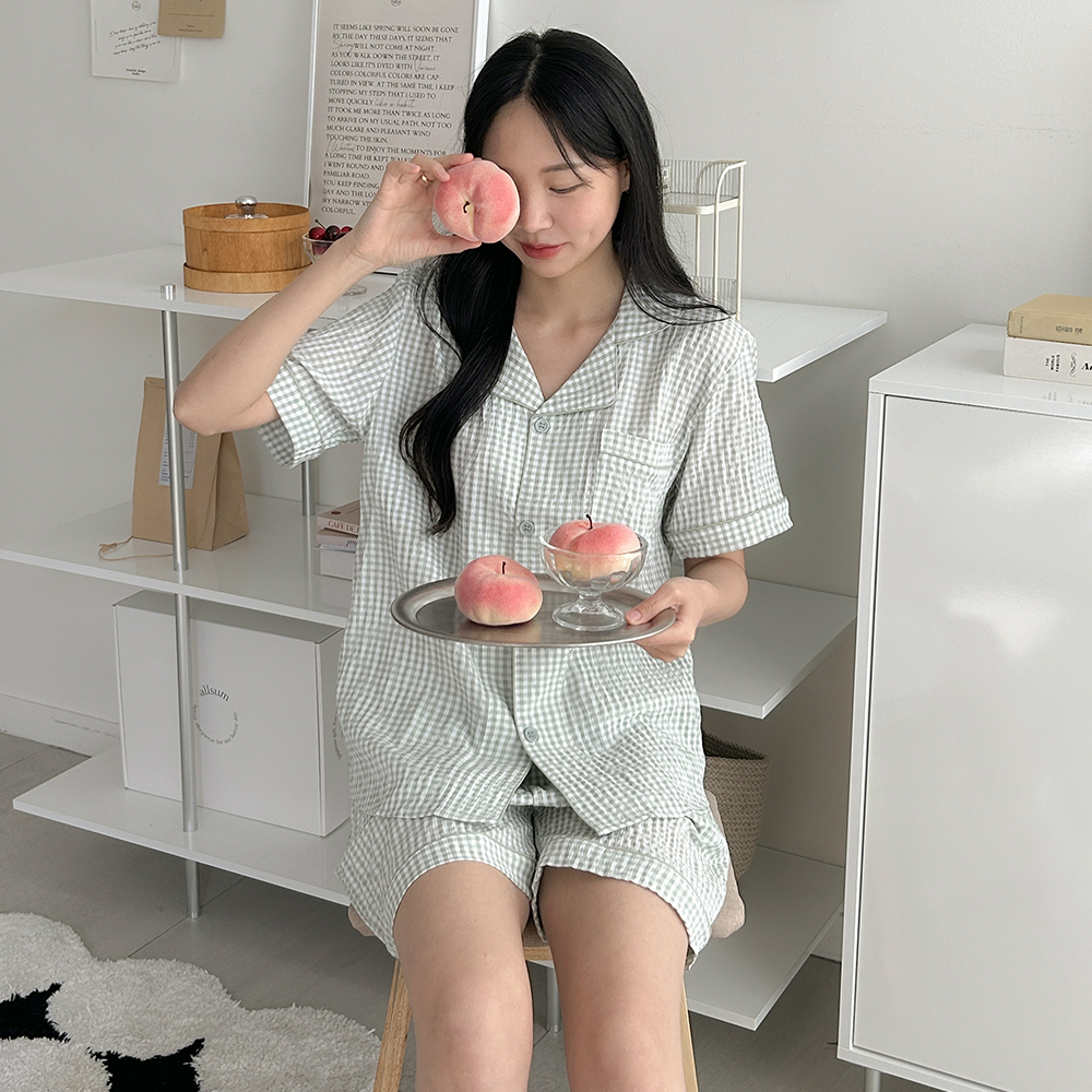 쿨어닝 깅엄체크 커플잠옷 반팔파자마 5color - 상품 이미지