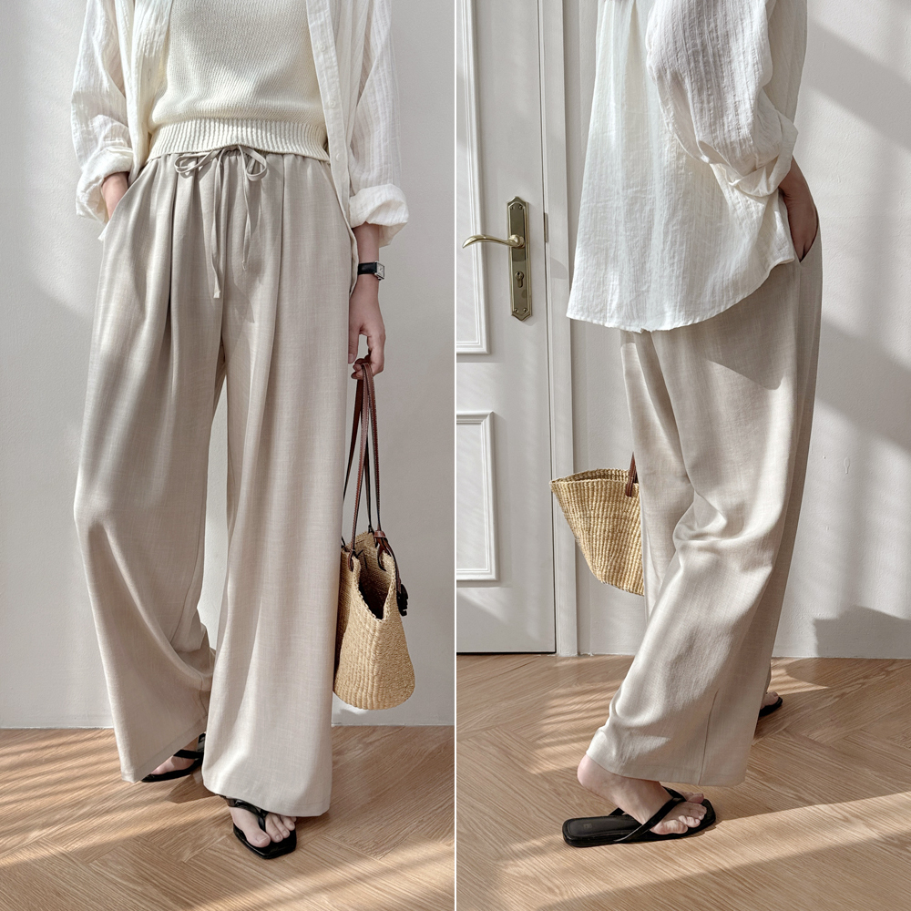 하이웨스트 린넨 팬츠 핀턱 밴딩 와이드팬츠 여자 밴딩 슬랙스 여성 여름 바지 통바지 베이지