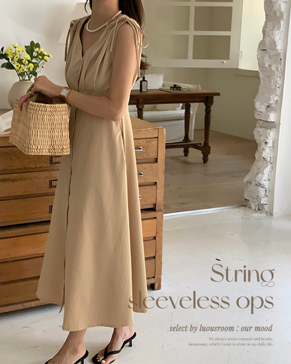 이젤 브이넥 숄더 스트랩 리본 매듭 핀턱 단추 민소매 슬리브리스 하객룩 셀프웨딩룩 여름 휴양지룩 롱 원피스(3color)