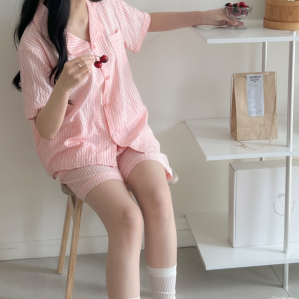 쿨어닝 깅엄체크 커플잠옷 반팔파자마 5color - 상세 이미지 2