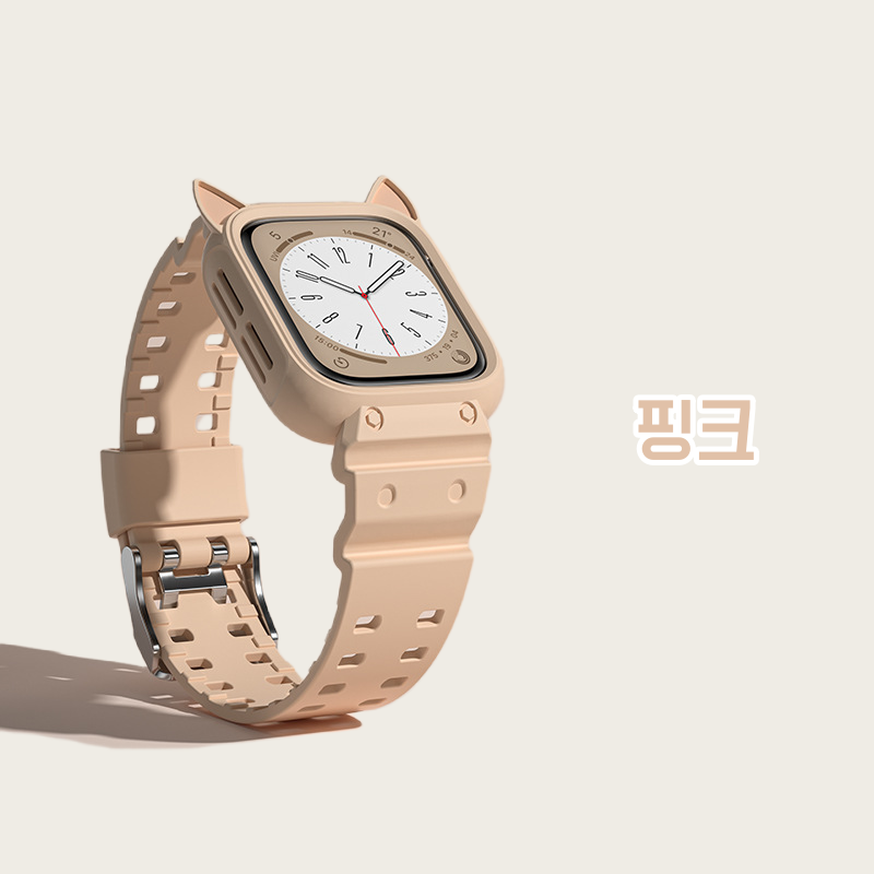 [4색] 애플 워치 S8 밴드용 7세대 iwatch 6/5/se/4/3 만화 고양이 귀 전체 커버 일체형 밴드 - 상세 이미지 2