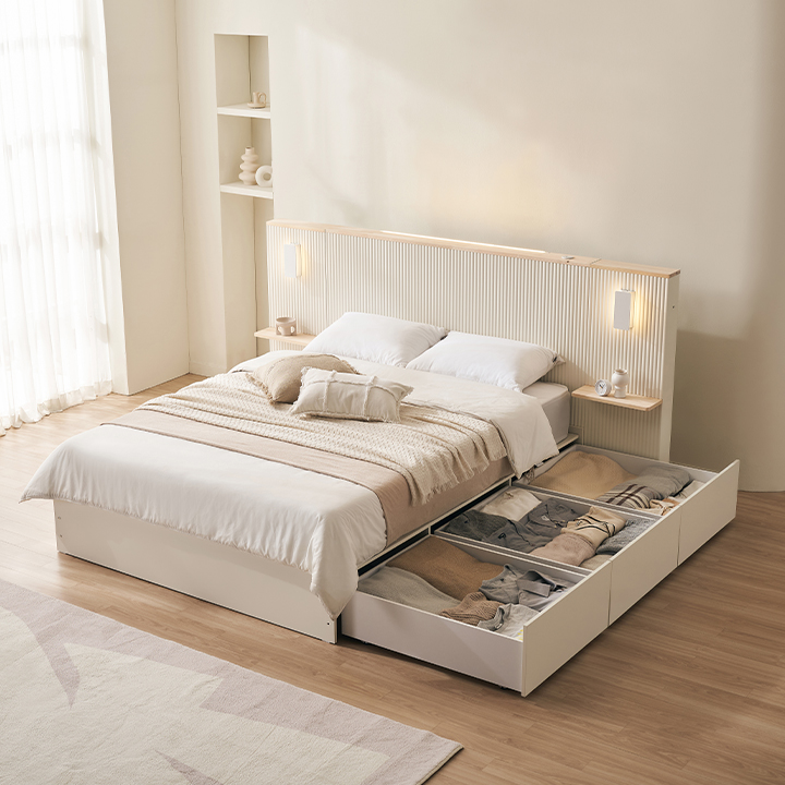 삼익가구 네이처 편백나무 템바보드 LED조명 수납 호텔 침대 슈퍼싱글 SS 매트제외