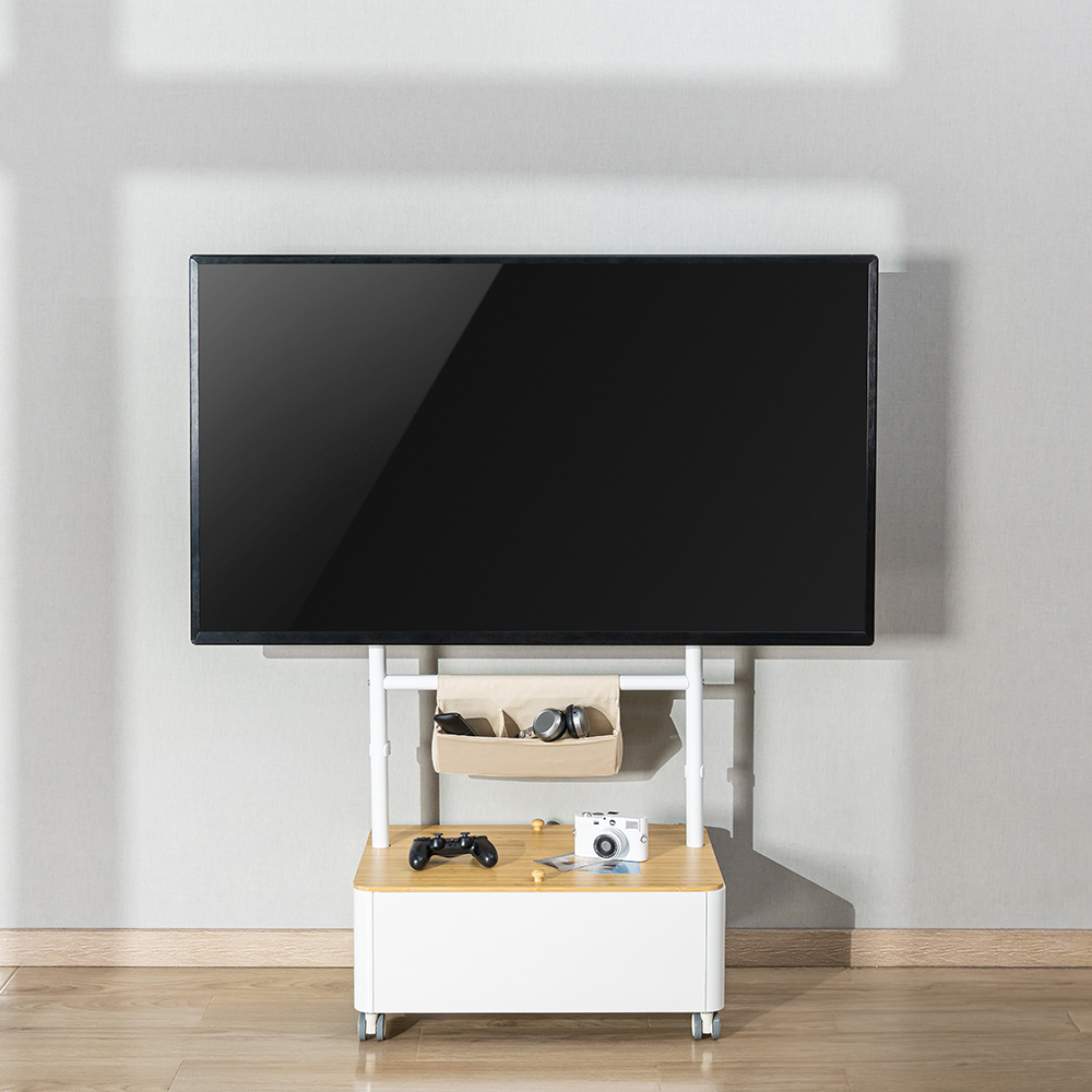 큐빅스 이동식TV거치대 수납 스탠드 티비 거치대 화이트 우드 인치별 호환