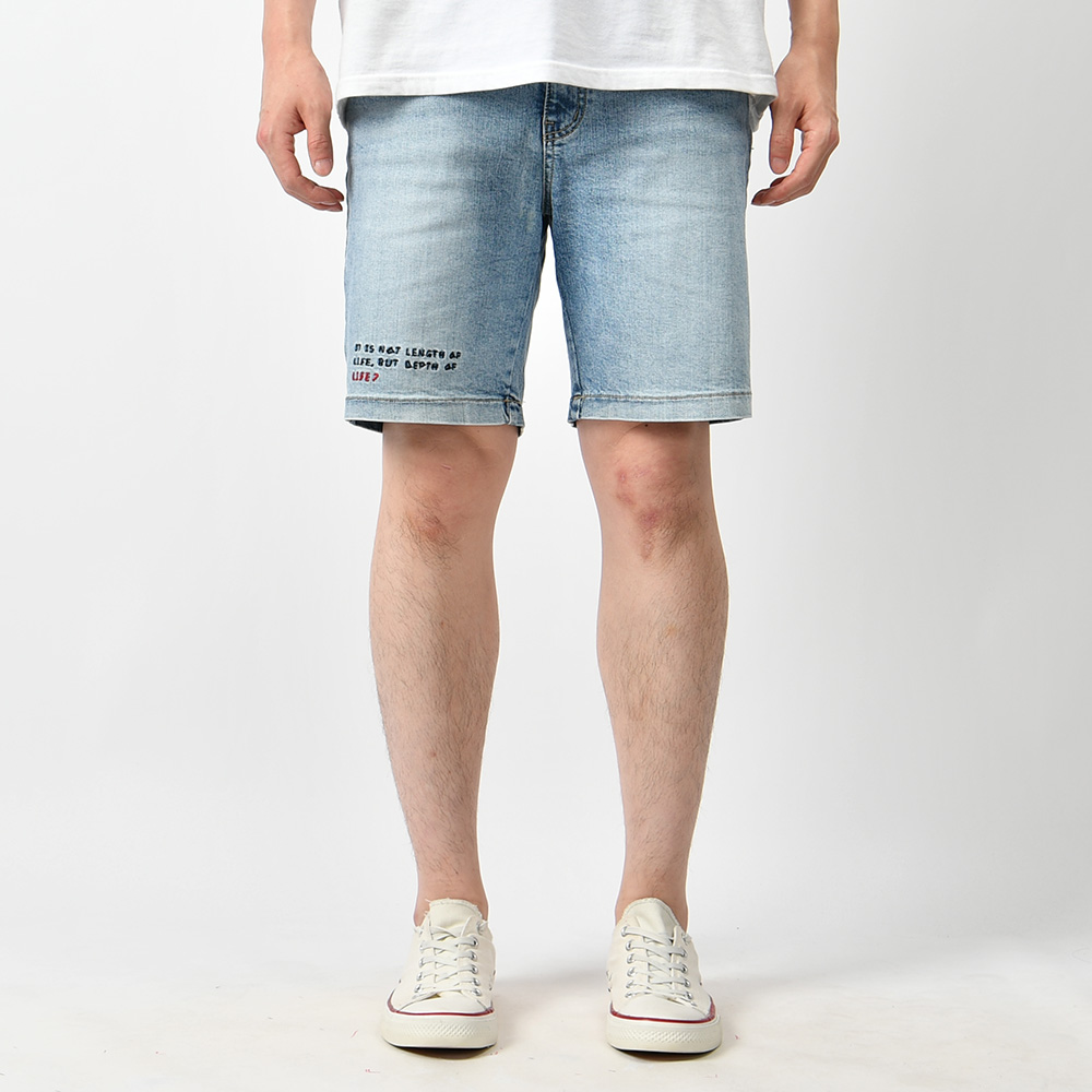 남자 청반바지 여름 국내생산 레터링 자수 스판 5부 바지 - 상세 이미지 3