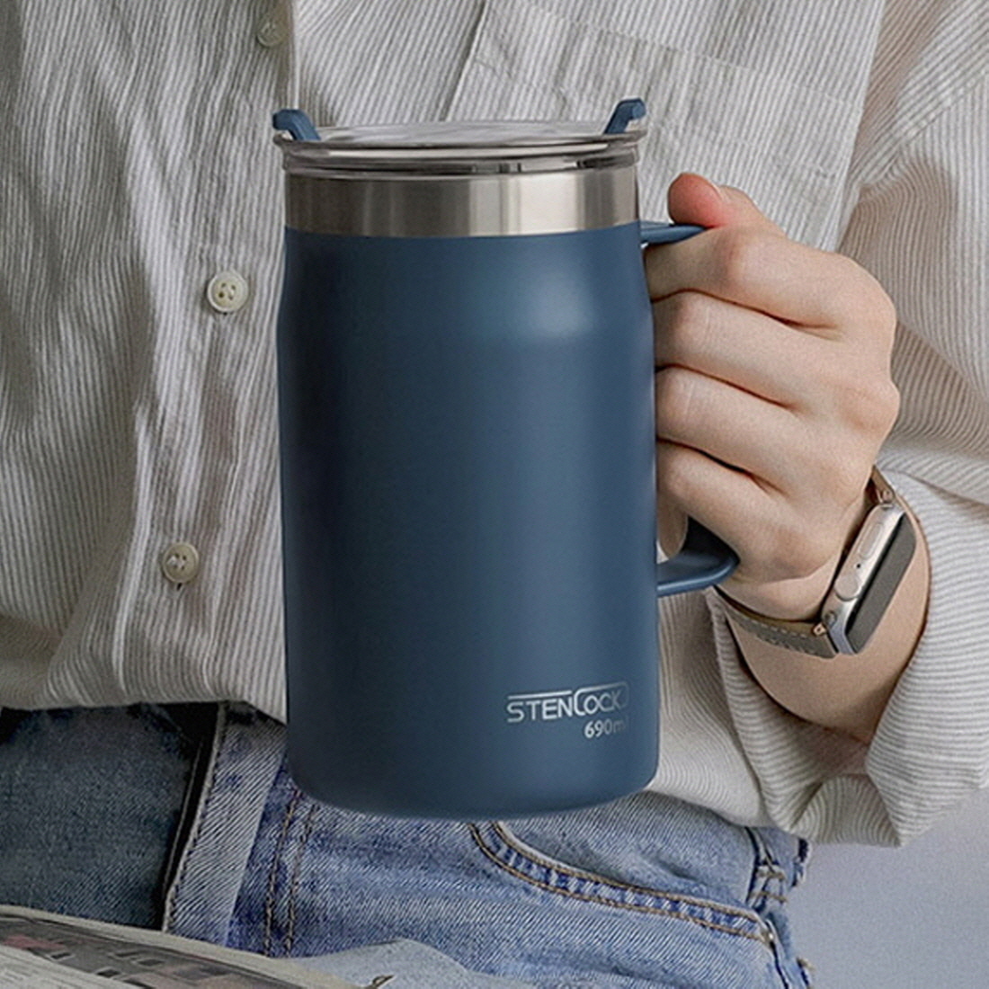 입구넓은텀블러 손잡이 스텐 머그 커피 텀블러 캠핑 리유저블컵 550ml - 상세 이미지 5