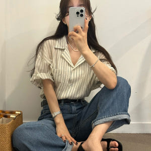 셔프 여성 여름 가오리핏 오픈카라넥 오버핏 루즈핏 롤업 반팔 남방 셔츠 착용 후기 | 사이즈/핏 총정리 - 상품 이미지 1