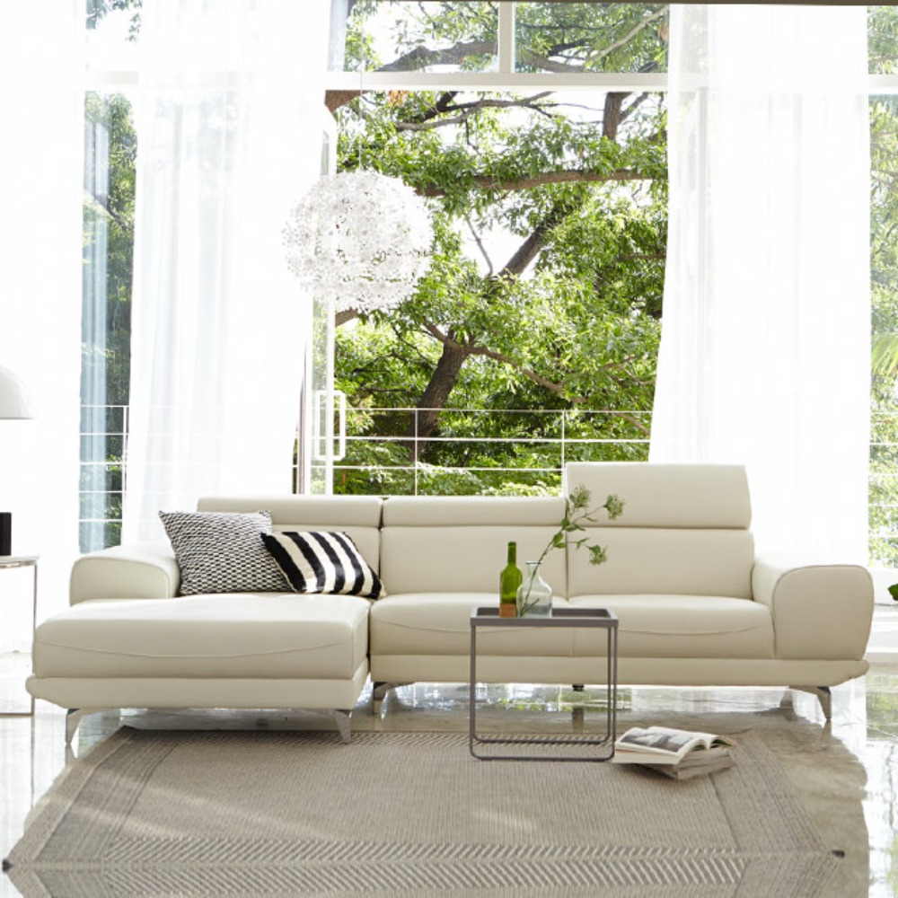 까사홈 아모스 이태리 천연 통가죽 아이보리 3인+카우치 소파
