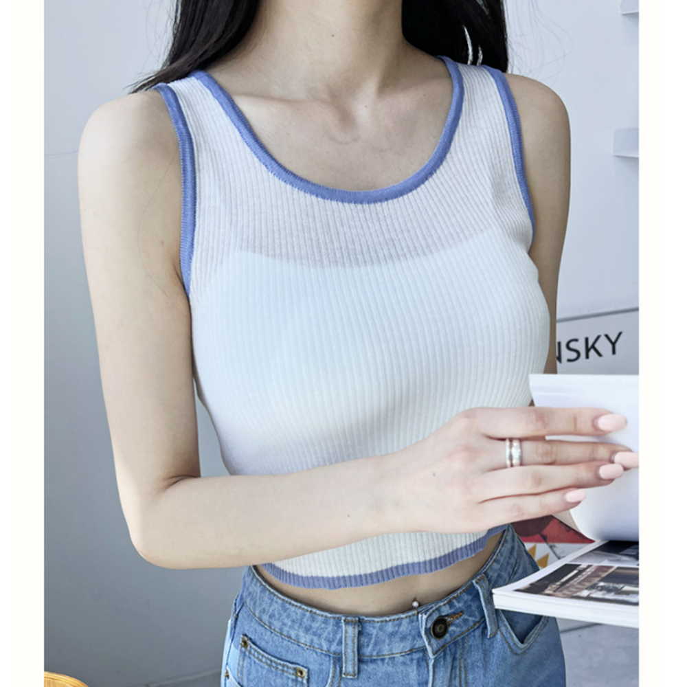 민나시 흰 흰색 나시티 세미크롭 배색 골지 니트 여름 민소매 이미지 6