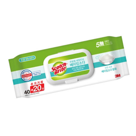 3M 주방 세정 물티슈 인덕션 티슈 베이킹소다 60매 식탁 자국 없는 얼룩 클린 기름기제거 매직 스카치 만능