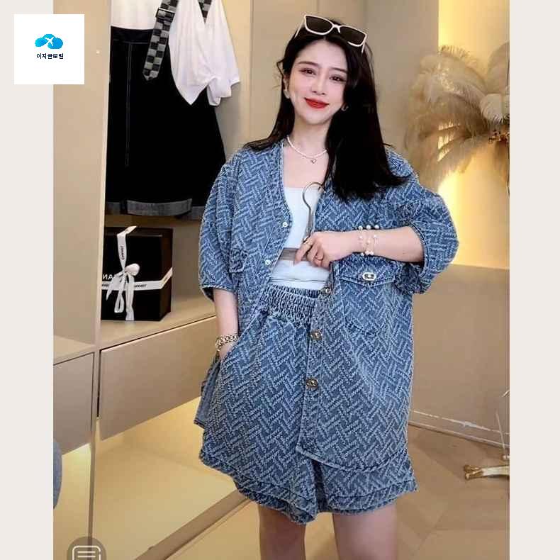 투피스 빅사이즈 셔츠 세트 데님 루즈핏 여성 반팔 - 상품 이미지