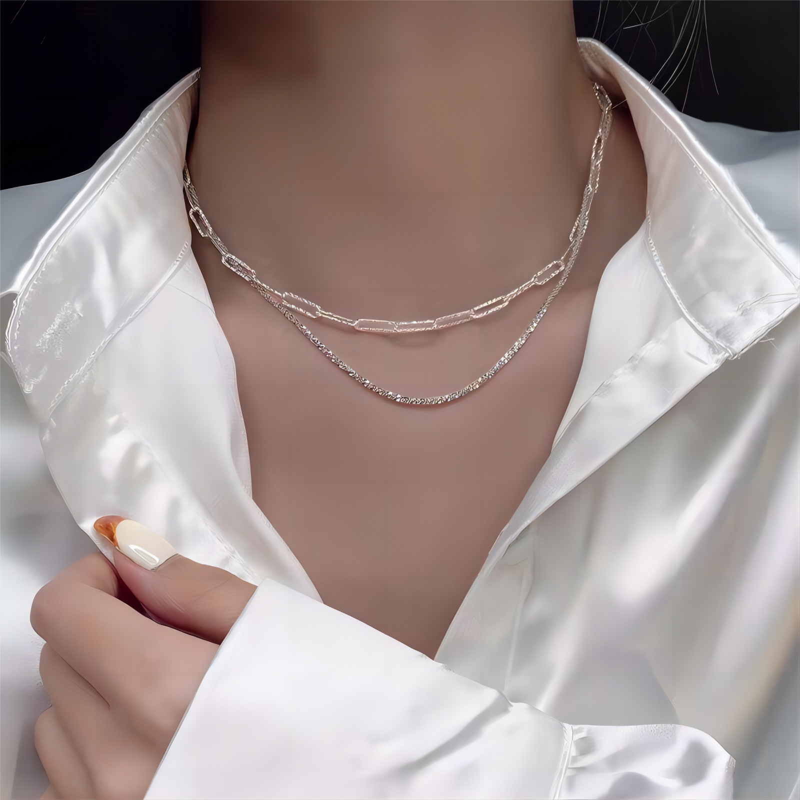 애니윙 반짝이는 레이어드 실버 체인 목걸이 2개 세트 - 상세 이미지 2