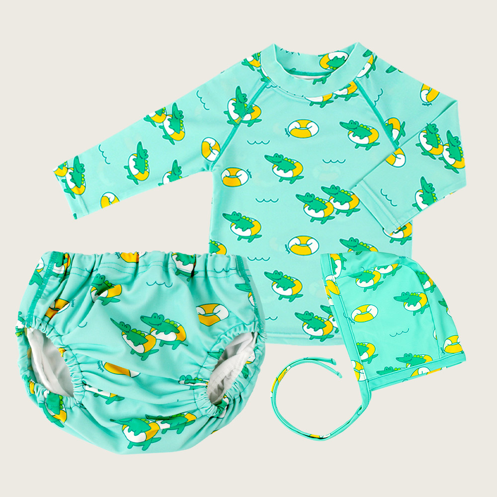 [슈퍼특가] 베이비앙 아기 유아 튜브악어 수영복 래쉬가드 2종세트(상의+하의) (팬티or팬츠 택1)