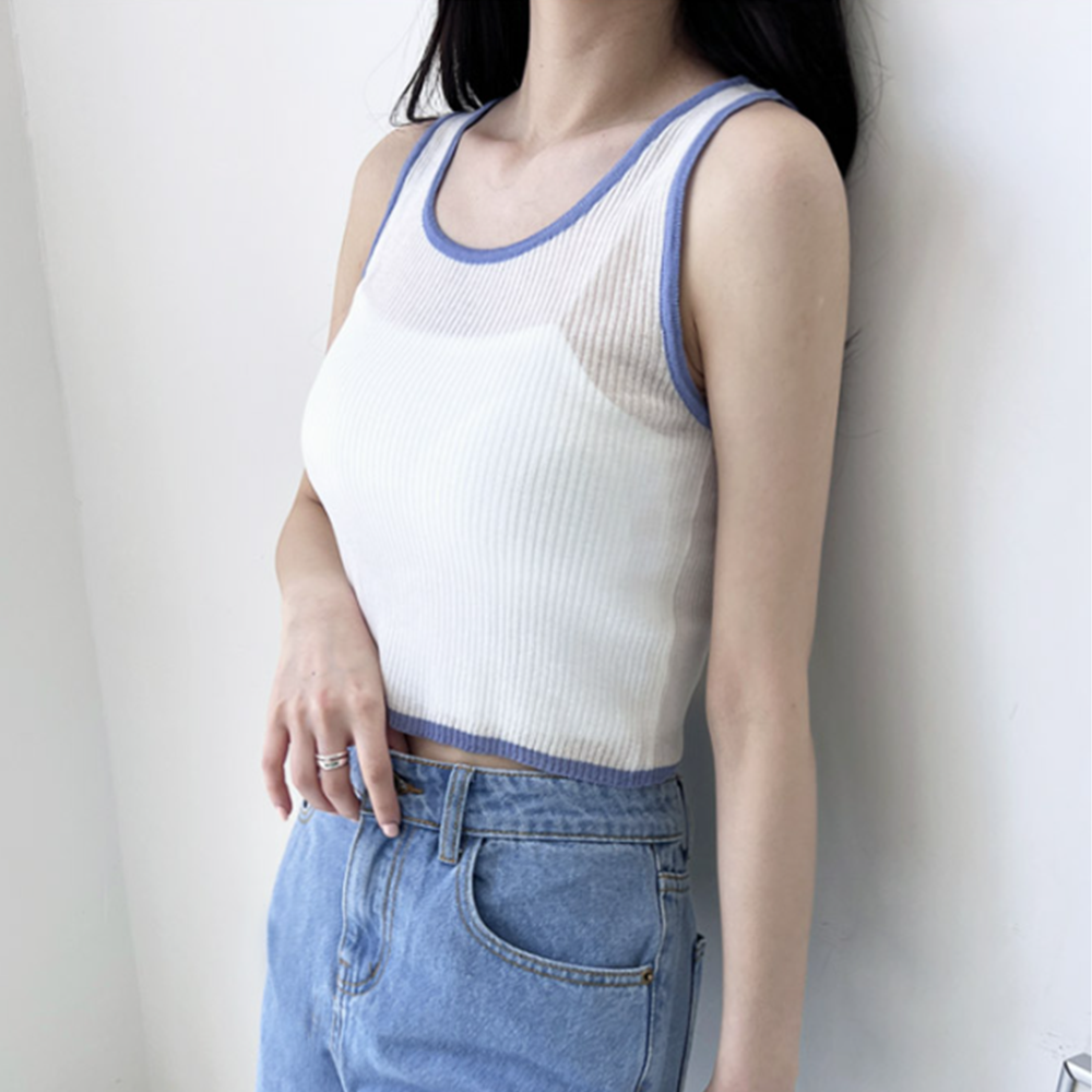 민나시 흰 흰색 나시티 세미크롭 배색 골지 니트 여름 민소매 이미지 8
