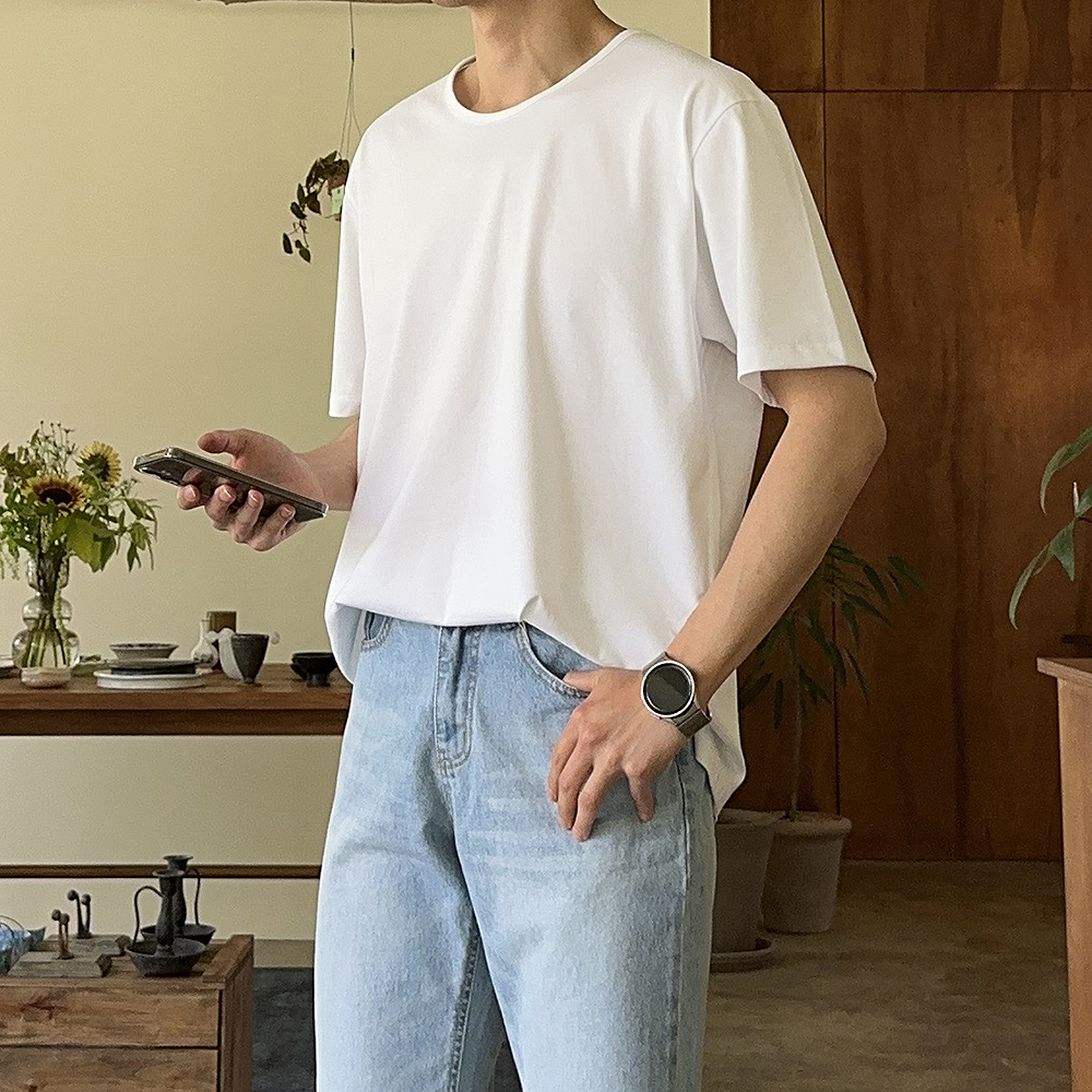 남자 오버핏 반팔티 실켓 유넥 흰색 여름 이너 남성 반팔티