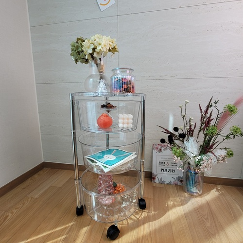 원형 투명 트롤리 이동식 선반 진열대 장난감 정리 수납 틈새 주방카트