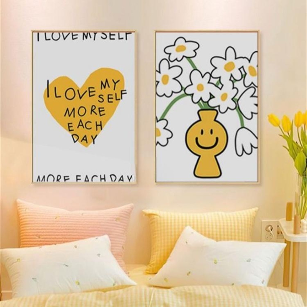 스마일 웃는 액자 꽃 그림 데이지 레터링 하트 인테리어 원룸 꾸미기 포스터 풍수지리 행운 - 상품 이미지