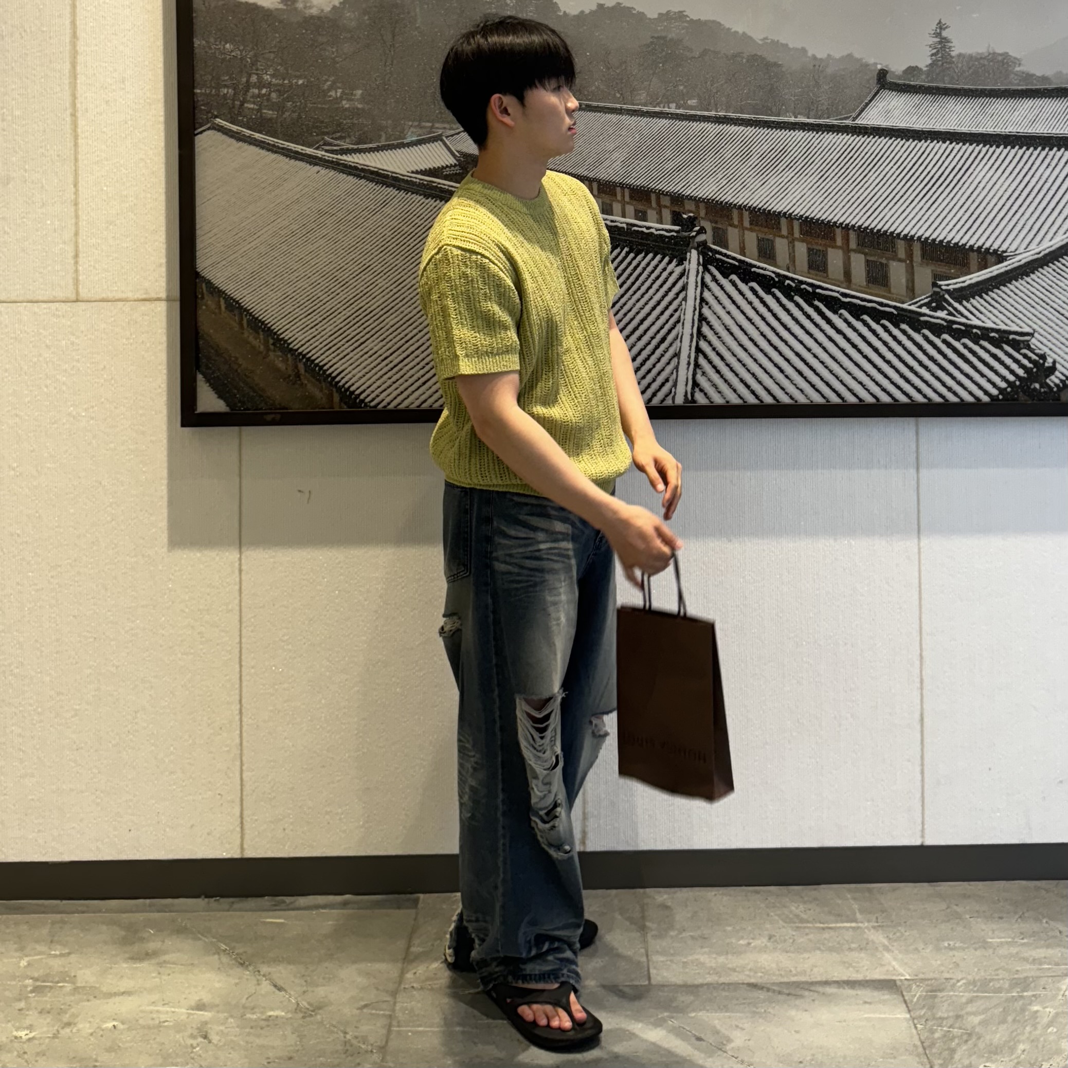 남자 와이드 청바지 찢어진 데님 중청 찢청 이미지 7