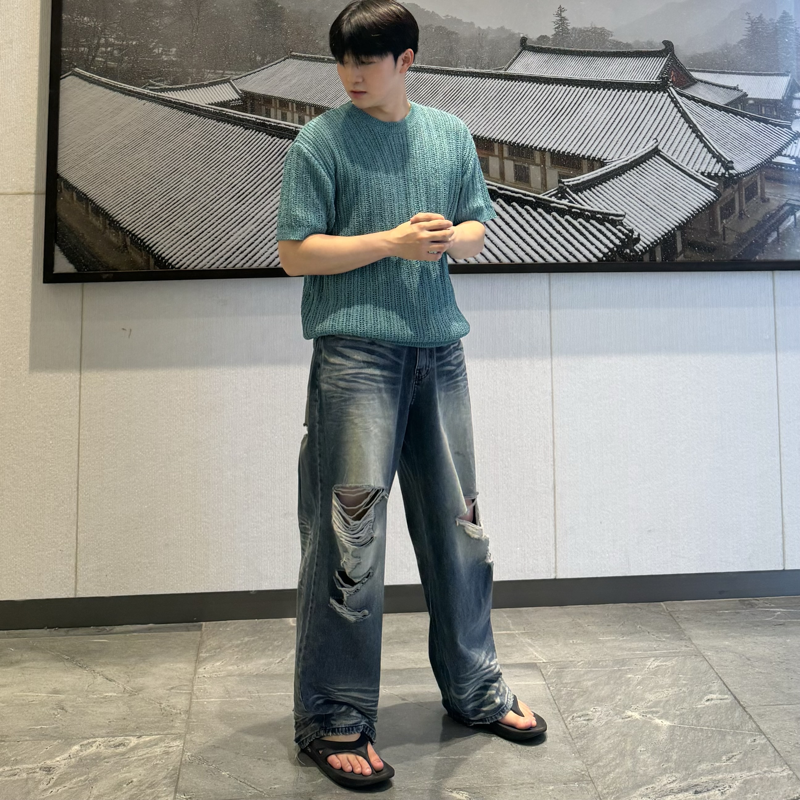 남자 와이드 청바지 찢어진 데님 중청 찢청 - 상세 이미지 2