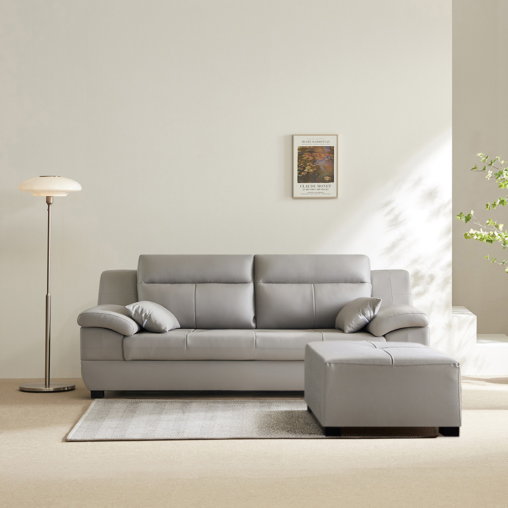 동서가구 천연 면피가죽 테라 소파 스툴포함, 라이트그레이, 3인용