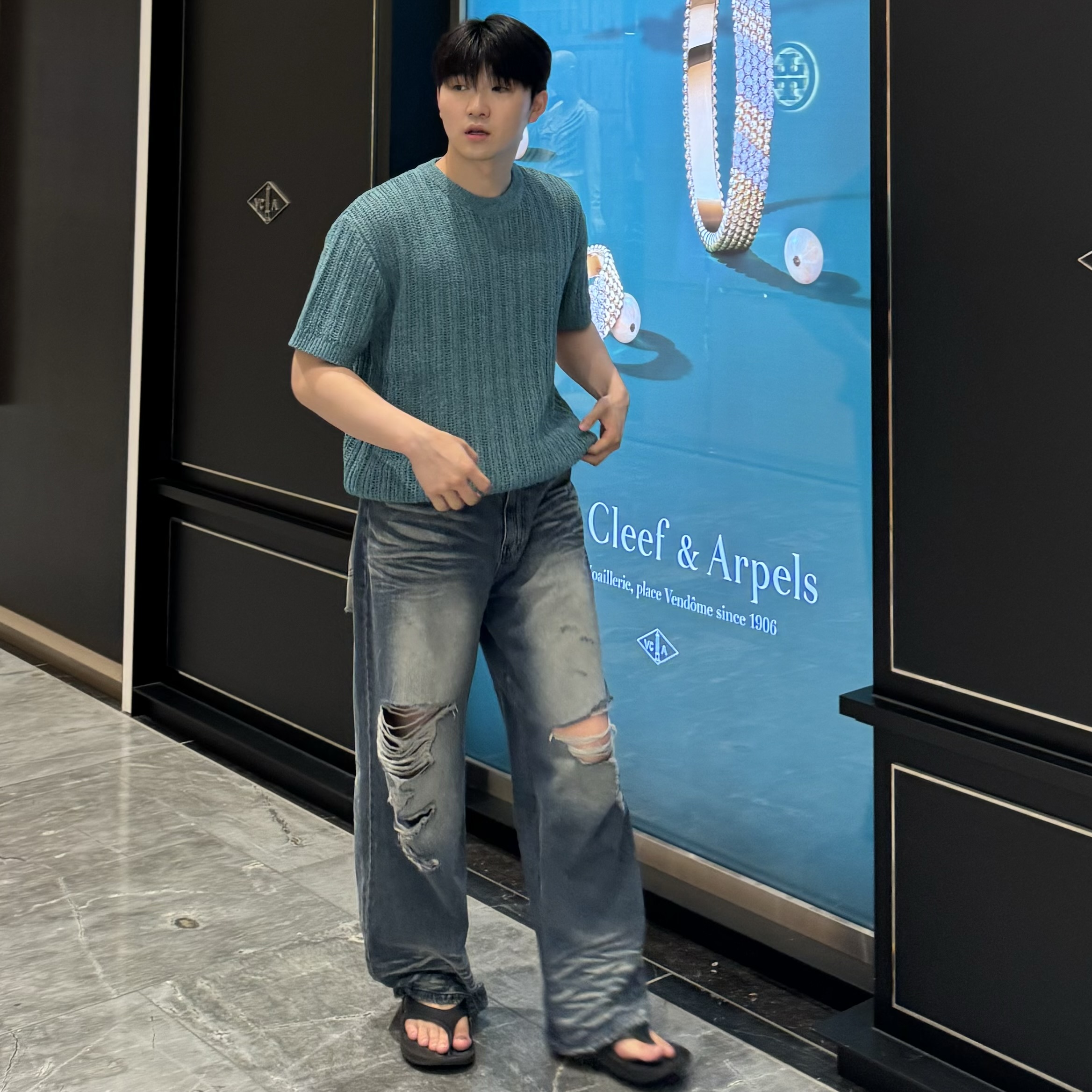 남자 와이드 청바지 찢어진 데님 중청 찢청 이미지 8