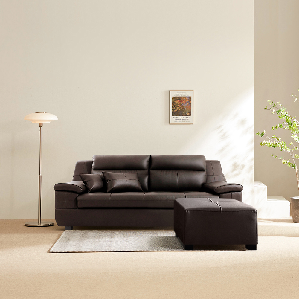 동서가구 천연 면피가죽 테라 소파 스툴포함, 초코브라운, 3인용